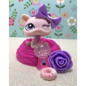 Authentic Littlest Pet Shop # 1481 Purple Pink Winking Kitten W Accessories